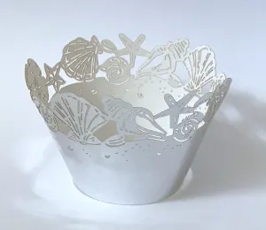 12 pcs MINI (Small) Silver Metallic Seashells Cupcake Wrappers
