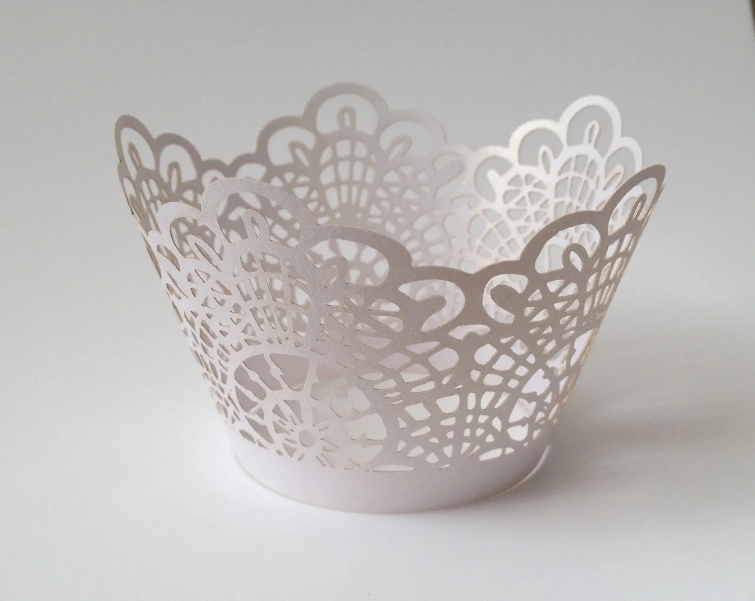 12 pcs MINI (Small) White Crochet Lace Cupcake Wrappers