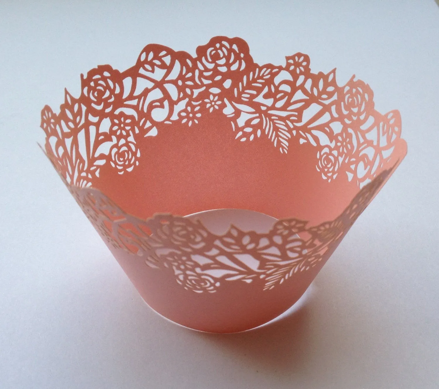 12 pcs Pink Rose Lace Cupcake Wrappers