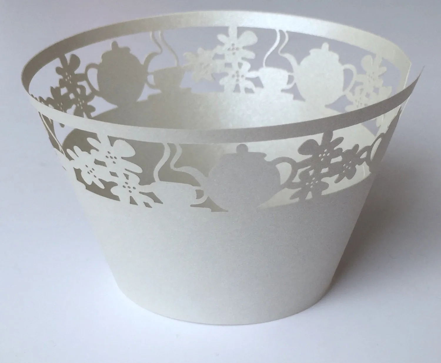 12 pcs Silver Gray Tea Cup & Kettle Lace Cupcake Wrappers