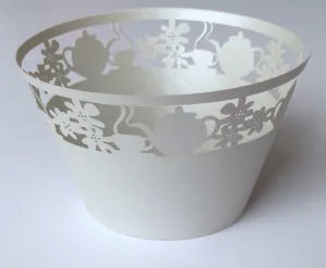 12 pcs Silver Gray Tea Cup & Kettle Lace Cupcake Wrappers