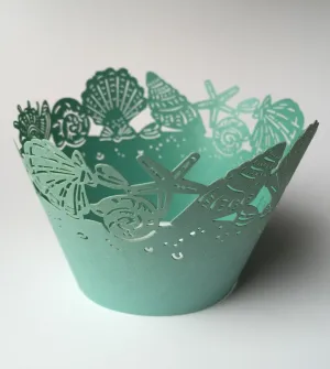 12 pcs Turquoise Green Seashells Cupcake Wrappers
