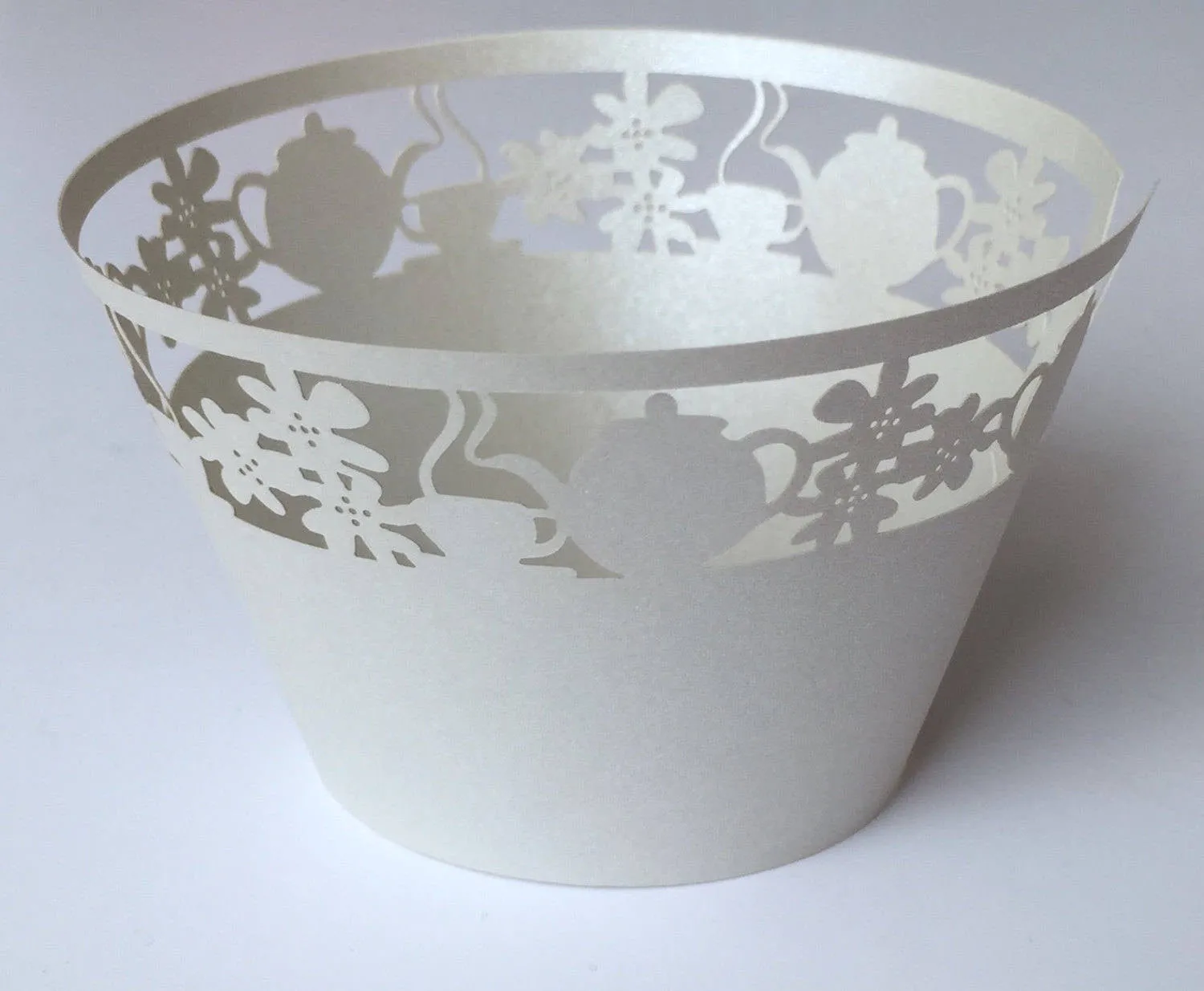 12 pcs White Tea Cup & Kettle Lace Cupcake Wrappers