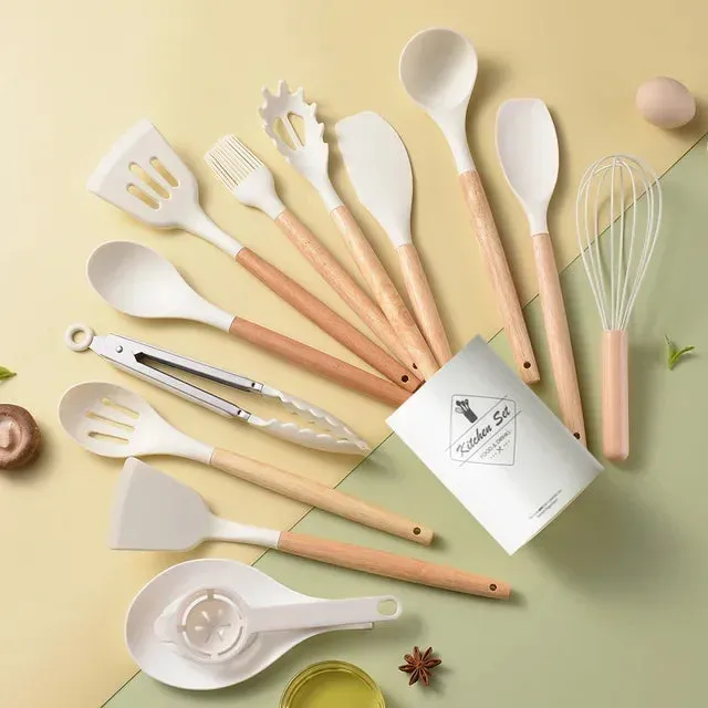 14 Piece Non Stick Silicone Kitchen Utensil Set With Wooden Handles