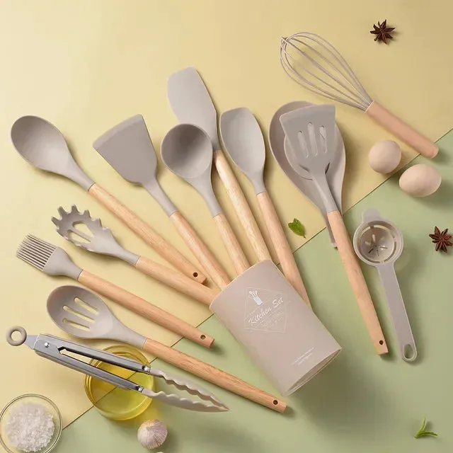 14 Piece Non Stick Silicone Kitchen Utensil Set With Wooden Handles