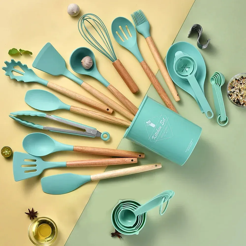 34 Piece Non Stick Silicone Kitchen Utensil Set With Wooden Handles
