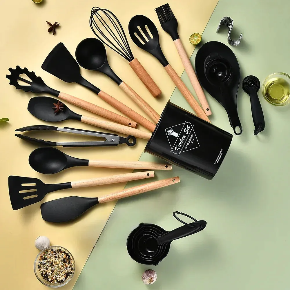 34 Piece Non Stick Silicone Kitchen Utensil Set With Wooden Handles