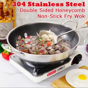 36cm 316 Stainless Steel Non-Stick Stir Fry Wok Pan | Honeycomb Double Sided | With Lid
