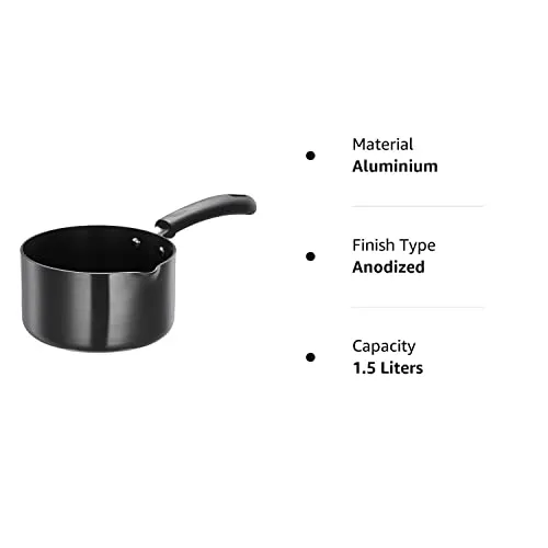 Amazon Brand - Solimo Hard Anodized Saucepan with Bakelite Handle - 1.5 litres (28cm, 3mm thickness), Aluminium, Black