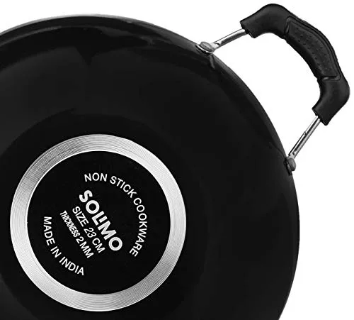 Amazon Brand - Solimo Non-Stick Kadhai with 2-Way Non-Stick Coating (23 cm, 2mm thickness),Aluminium, Black