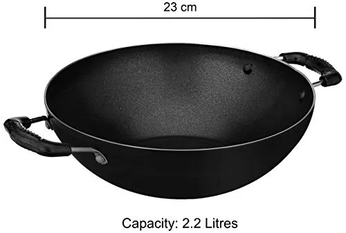 Amazon Brand - Solimo Non-Stick Kadhai with 2-Way Non-Stick Coating (23 cm, 2mm thickness),Aluminium, Black