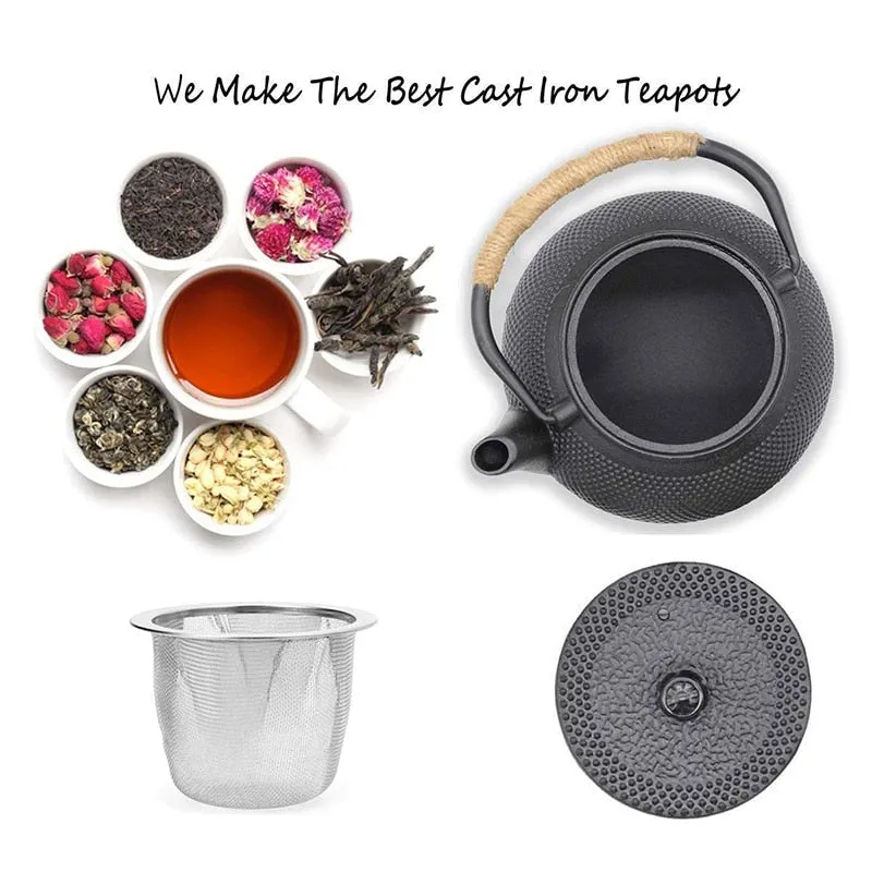 Black Iron Kettle with Infuser Cast Iron Tea Kettle for Water Boiling