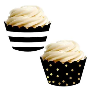 Black Stripes and Metallic Gold Ink Polka Dots Cupcake Wrapper