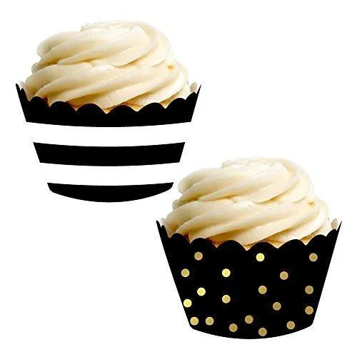 Black Stripes and Metallic Gold Ink Polka Dots Cupcake Wrapper