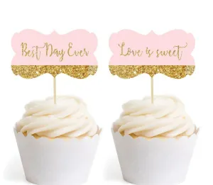 Blush Pink Gold Glitter Print Wedding Fancy Frame Cupcake Topper DIY Party Favors Kit