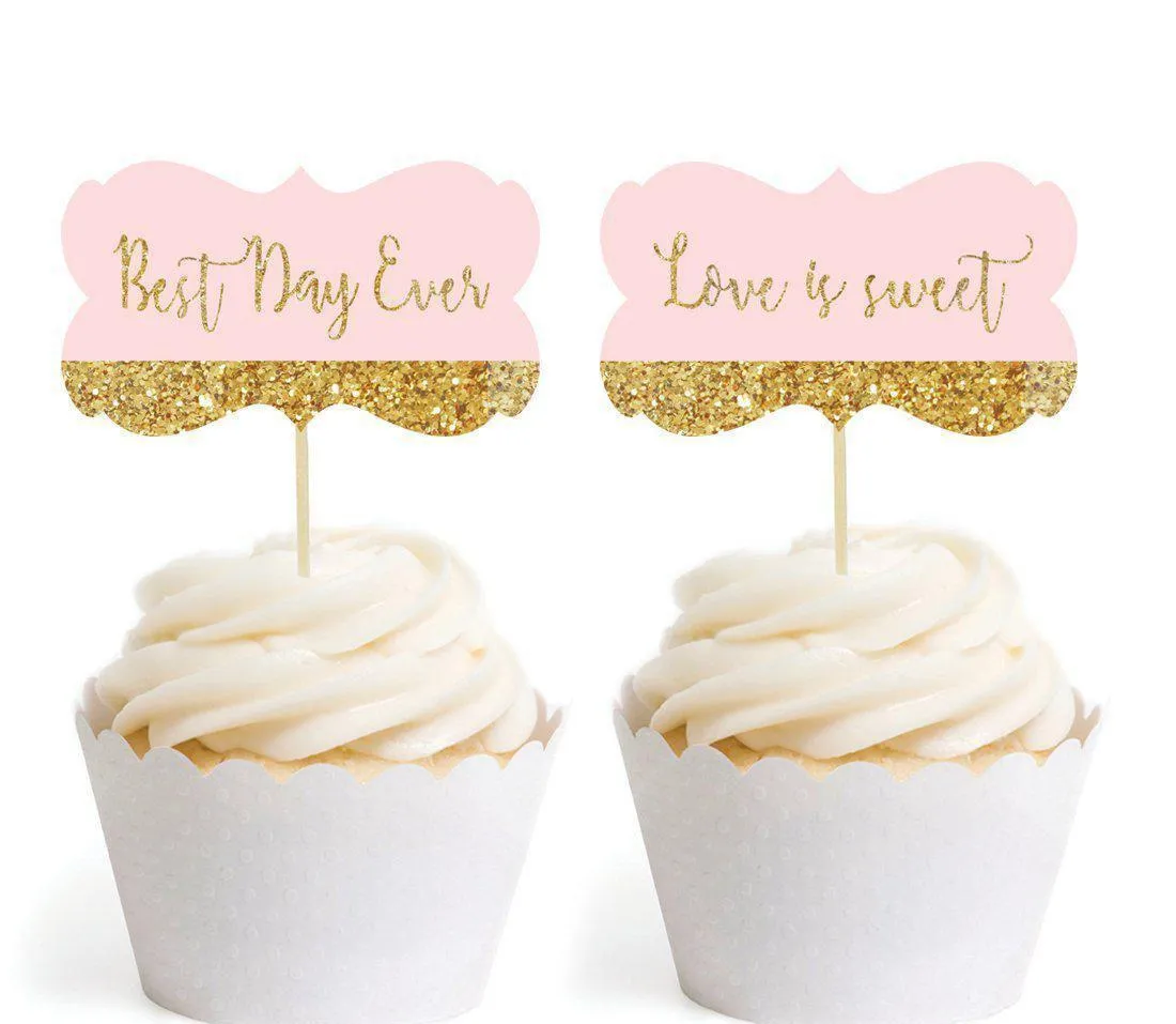 Blush Pink Gold Glitter Print Wedding Fancy Frame Cupcake Topper DIY Party Favors Kit