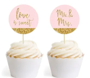 Blush Pink Gold Glitter Print Wedding Round Cupcake Topper DIY Party Favors Kit