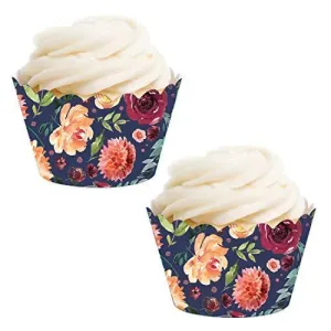 Burgundy and Peach Florals on Navy Blue Cupcake Wrappers