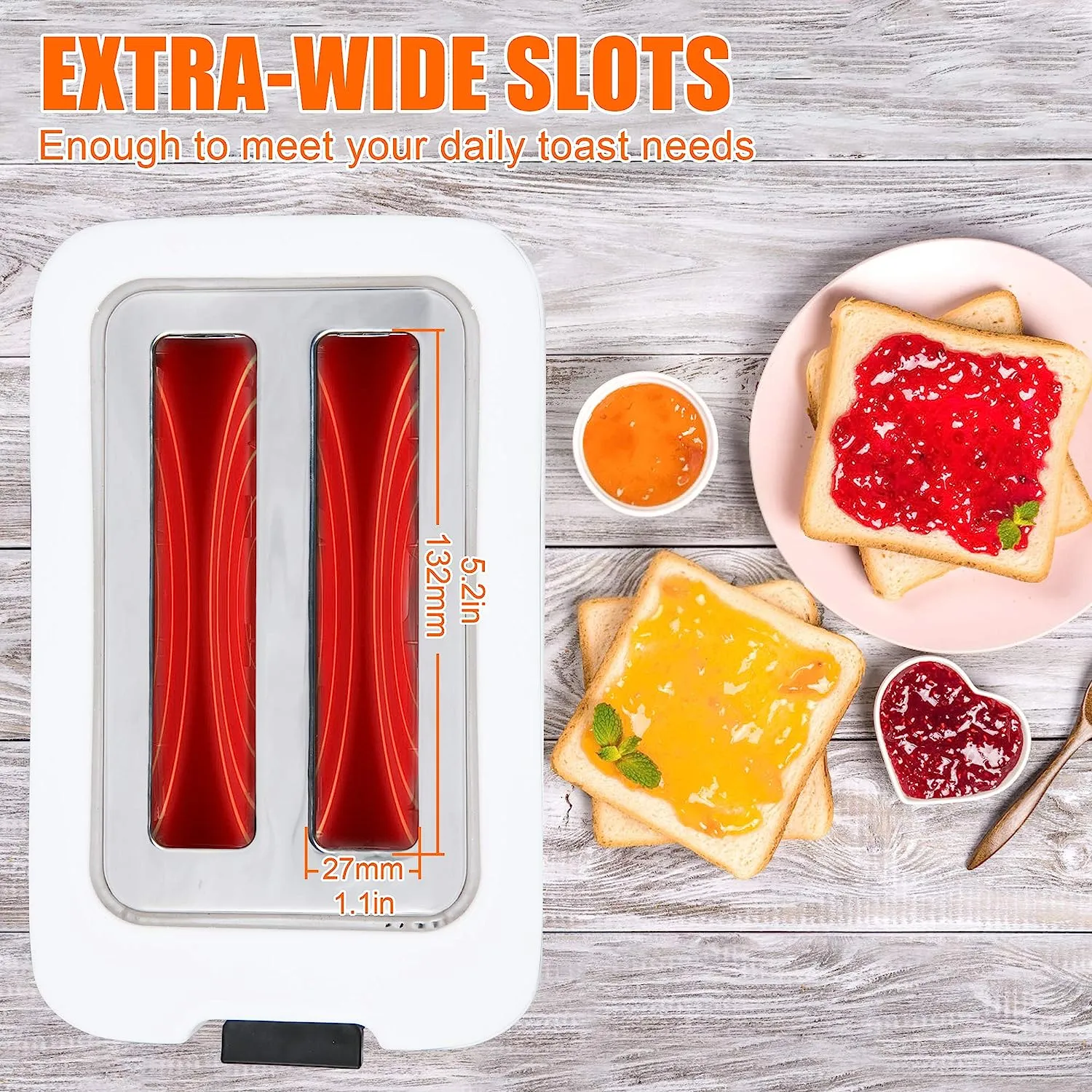 E-Macht 2-Slice Toaster with 2 Extra Wide Stainless Steel Slots, 7 Heating Sets, White