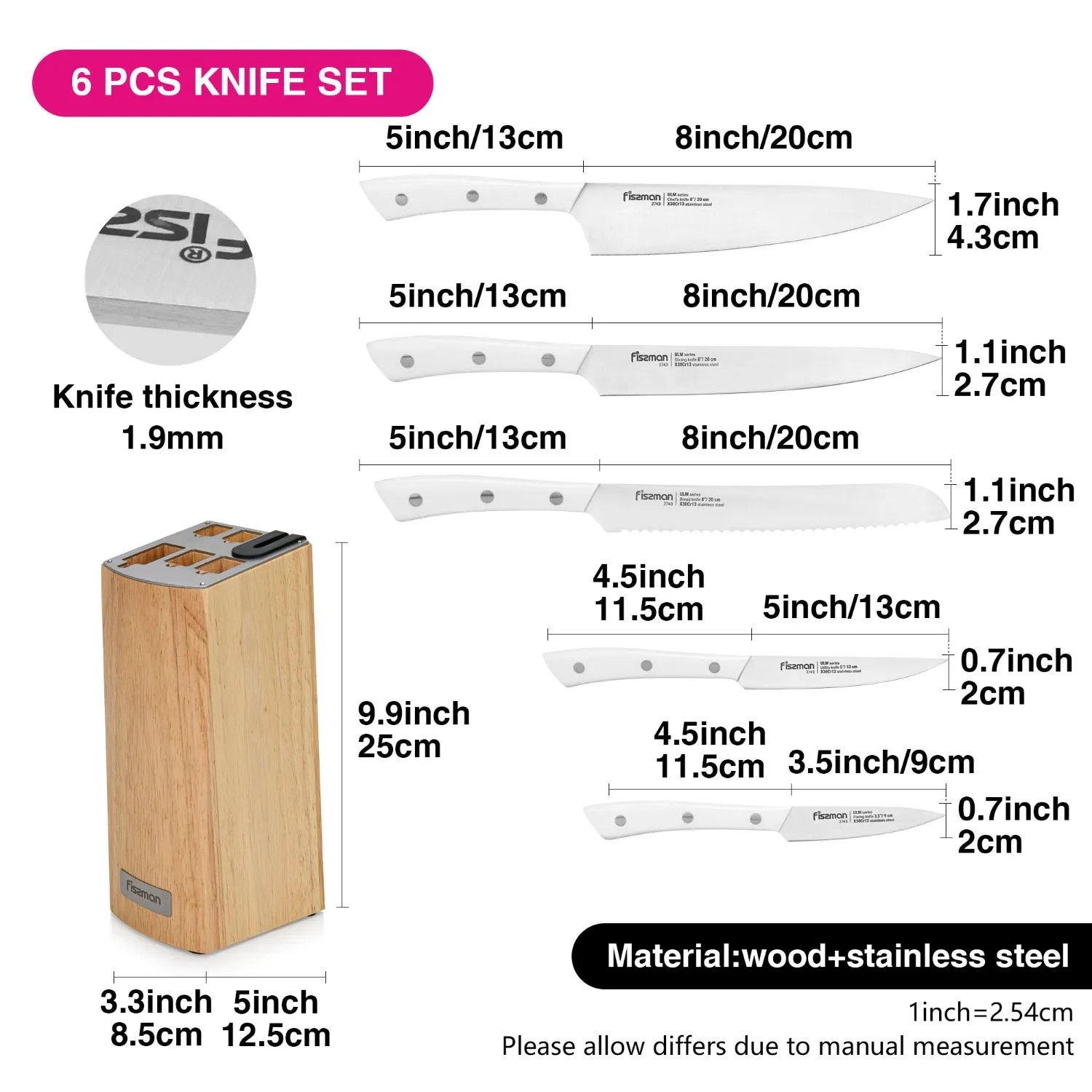Fissman 6 Piece Knife Set ULM with Wooden Block with Buitl In Sharpener X30Cr13 Steel
