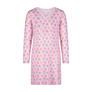 GIRLS CUPCAKE Print DRESS V NK LS w Lace