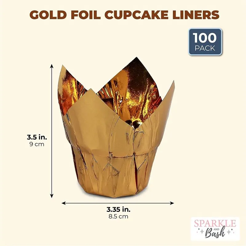 Gold Tulip Cupcake Liners, Foil Muffin Baking Cups (3.35 x 3.5 In, 100 Pack)