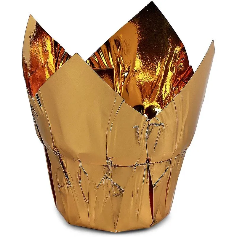 Gold Tulip Cupcake Liners, Foil Muffin Baking Cups (3.35 x 3.5 In, 100 Pack)