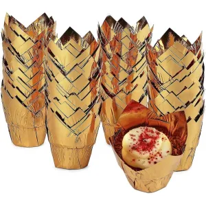 Gold Tulip Cupcake Liners, Foil Muffin Baking Cups (3.35 x 3.5 In, 100 Pack)