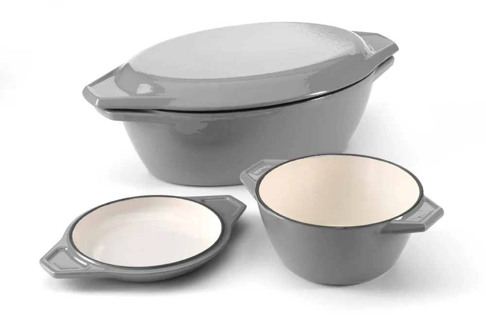 Grey & White Round Cast Iron Enamel Casserole Dish With Lid
