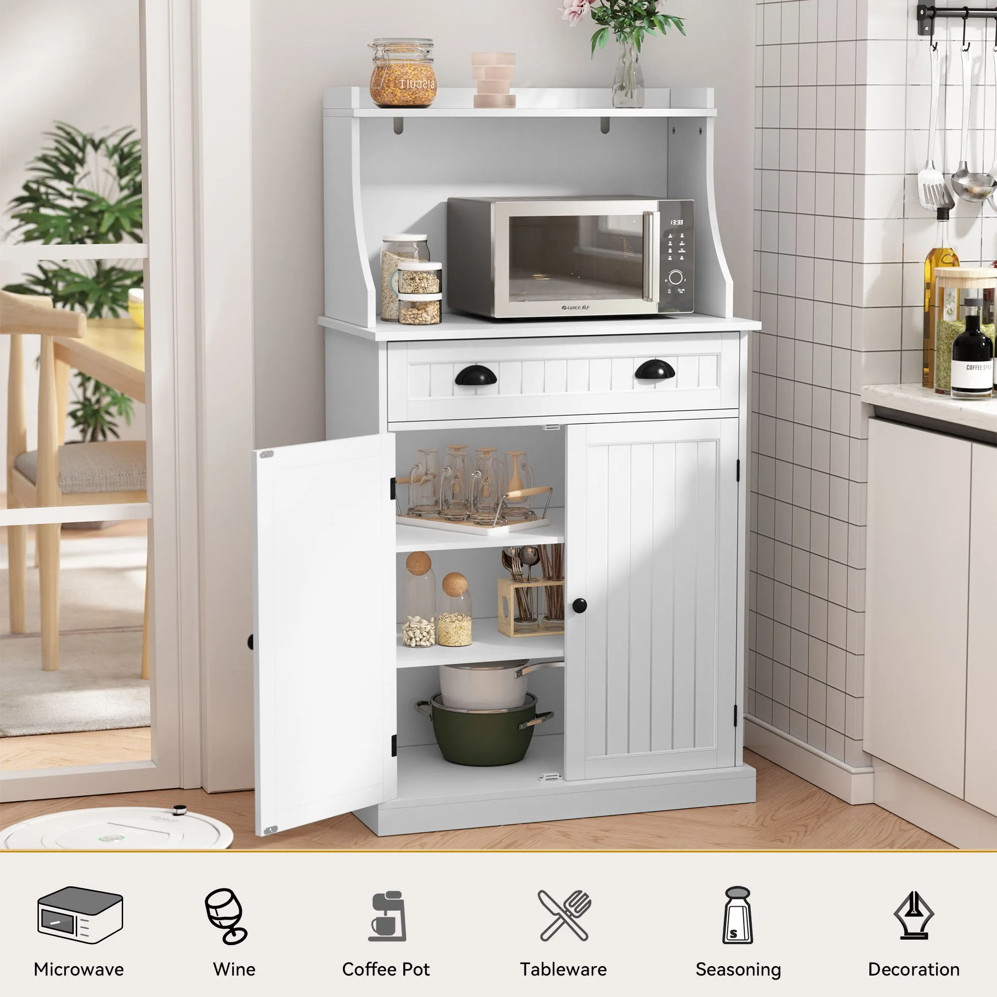 HLR 54" White Microwave Stand with Drawers & Hutch, Adjustable Shelf Pantry Cabinet for Kitchen, Dining & Living Spaces