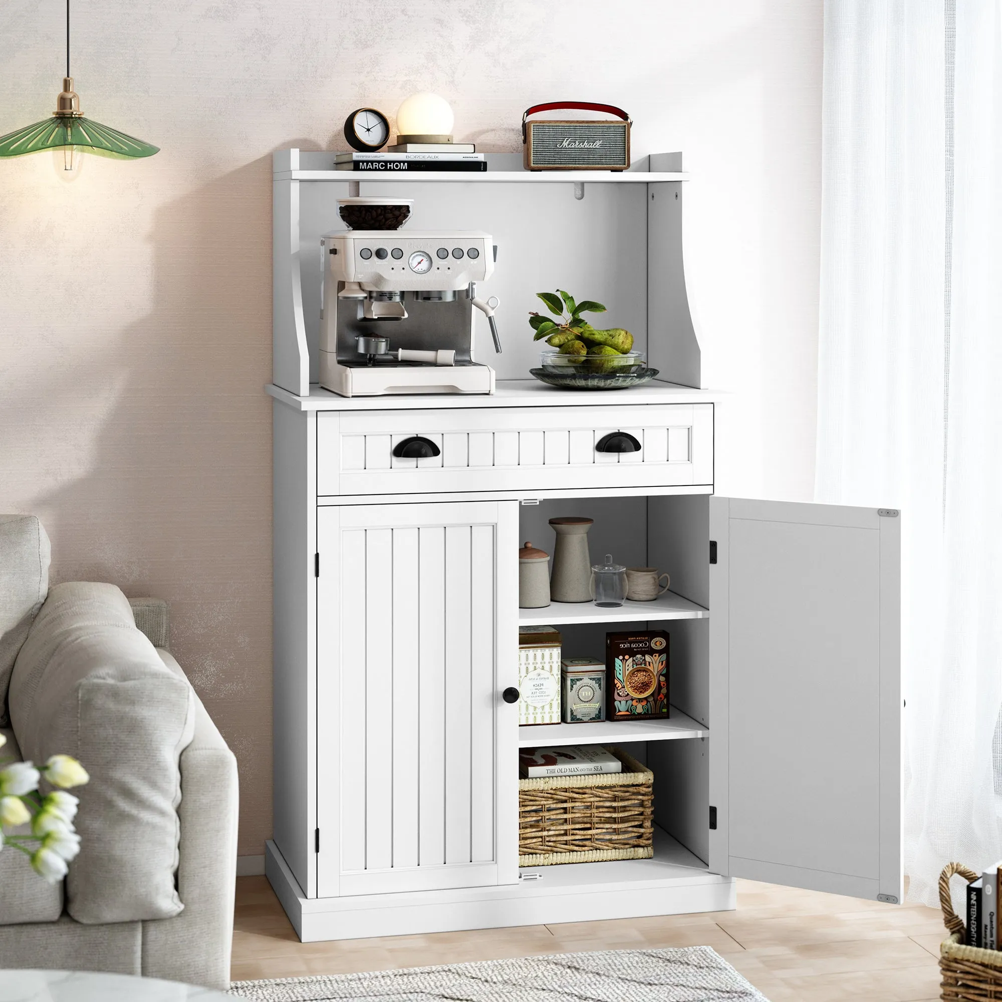 HLR 54" White Microwave Stand with Drawers & Hutch, Adjustable Shelf Pantry Cabinet for Kitchen, Dining & Living Spaces