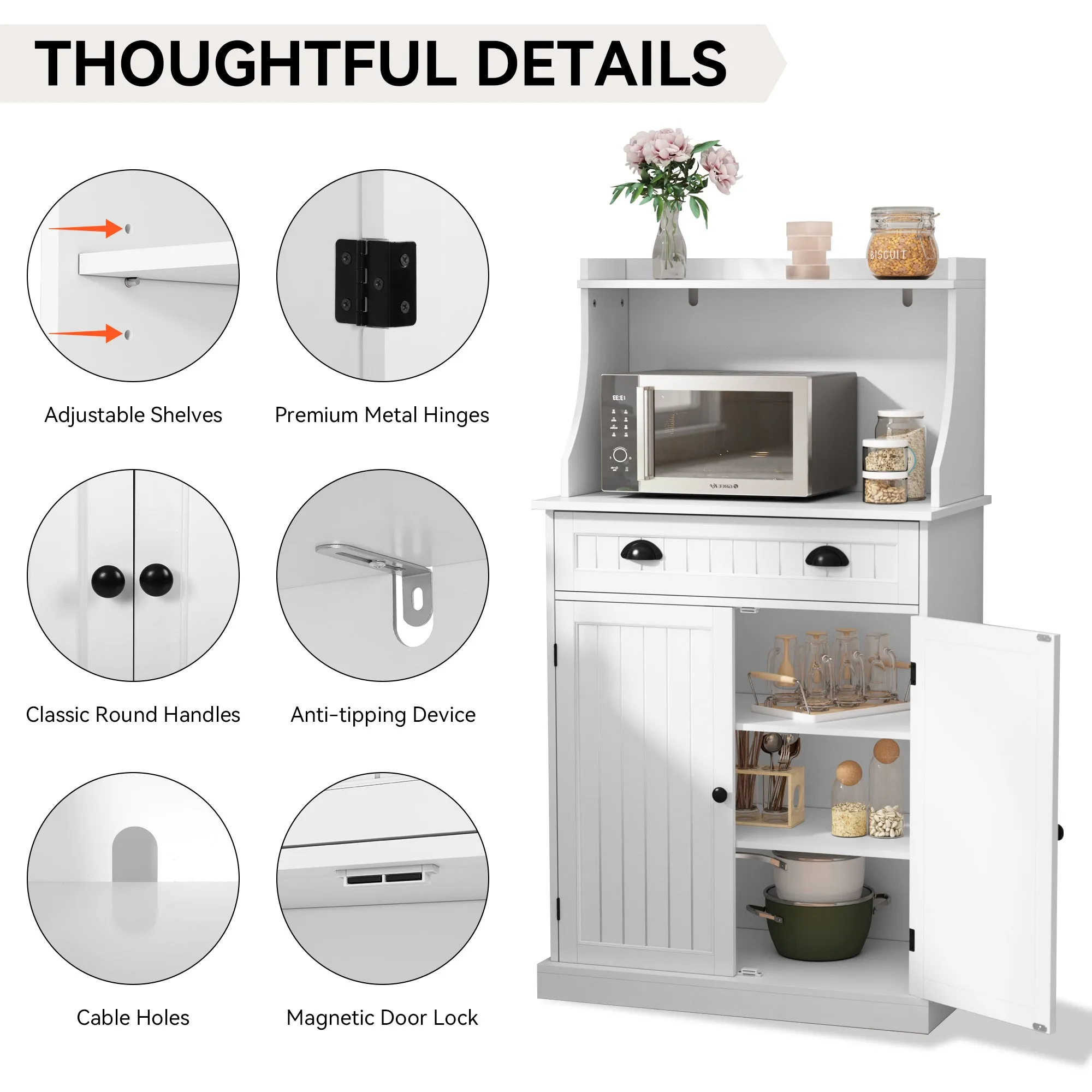 HLR 54" White Microwave Stand with Drawers & Hutch, Adjustable Shelf Pantry Cabinet for Kitchen, Dining & Living Spaces