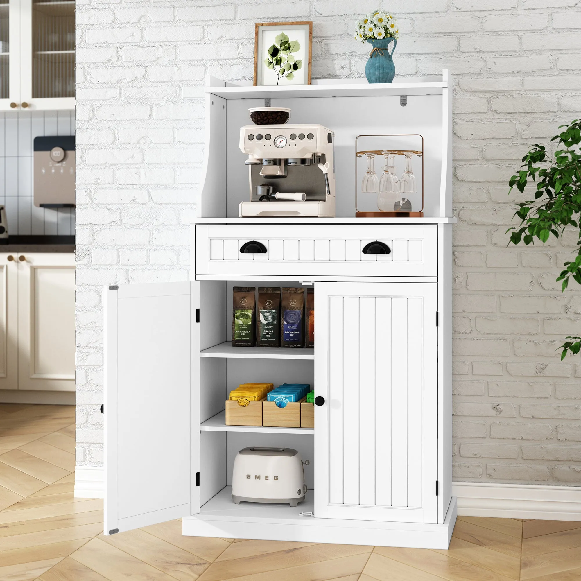 HLR 54" White Microwave Stand with Drawers & Hutch, Adjustable Shelf Pantry Cabinet for Kitchen, Dining & Living Spaces