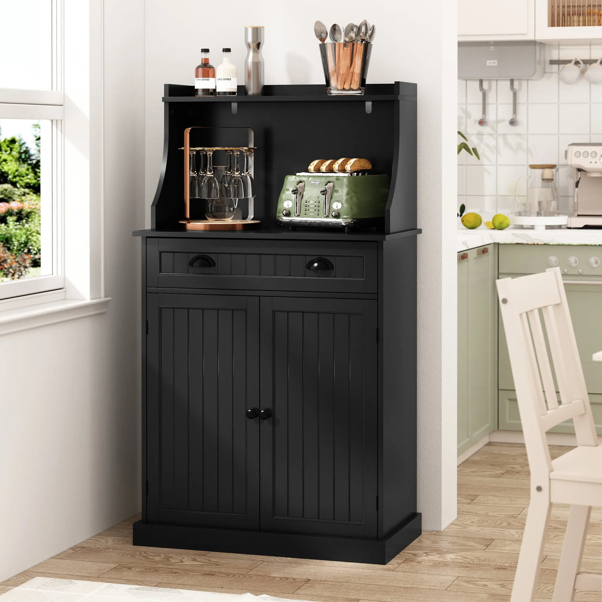 HLR 54" White Microwave Stand with Drawers & Hutch, Adjustable Shelf Pantry Cabinet for Kitchen, Dining & Living Spaces