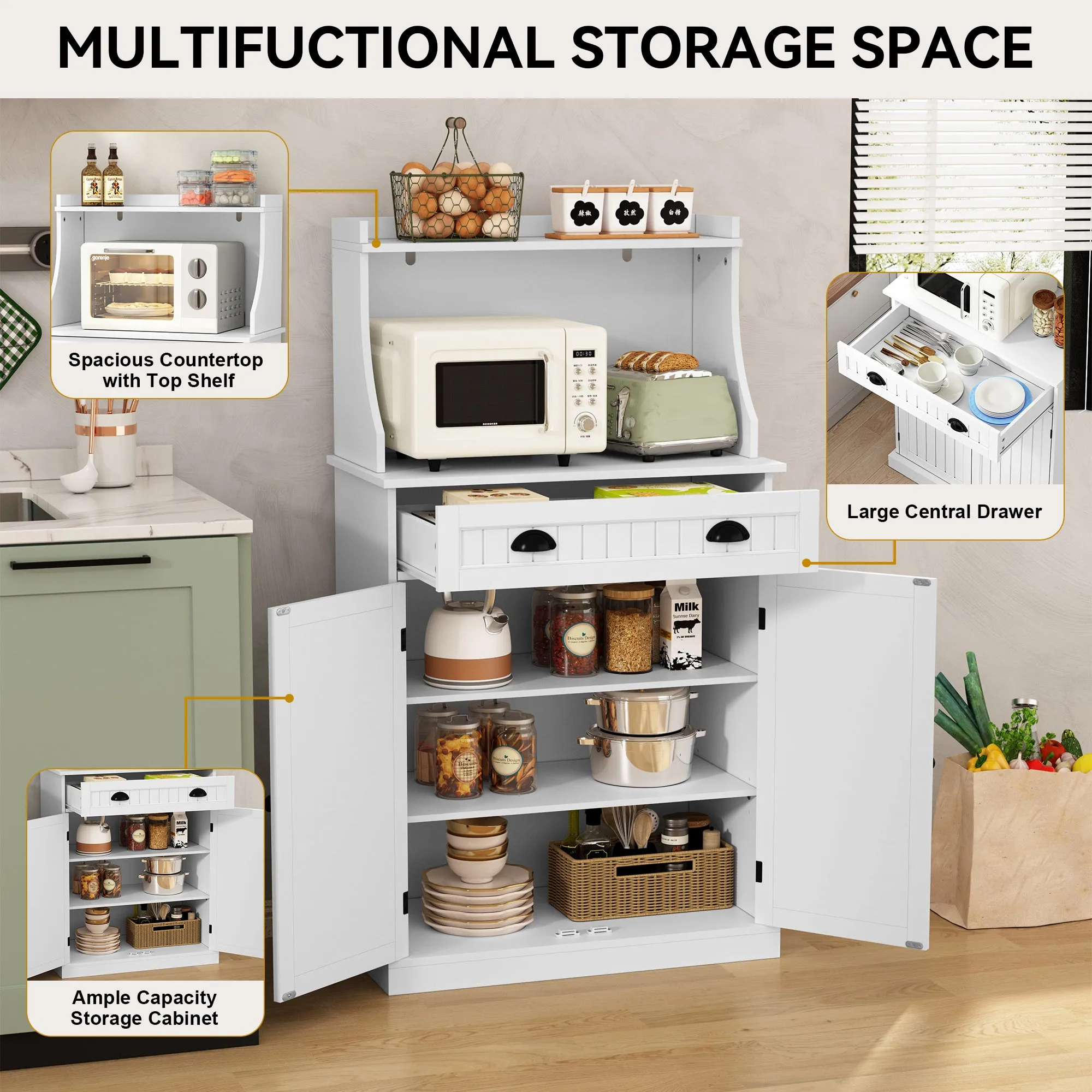 HLR 54" White Microwave Stand with Drawers & Hutch, Adjustable Shelf Pantry Cabinet for Kitchen, Dining & Living Spaces