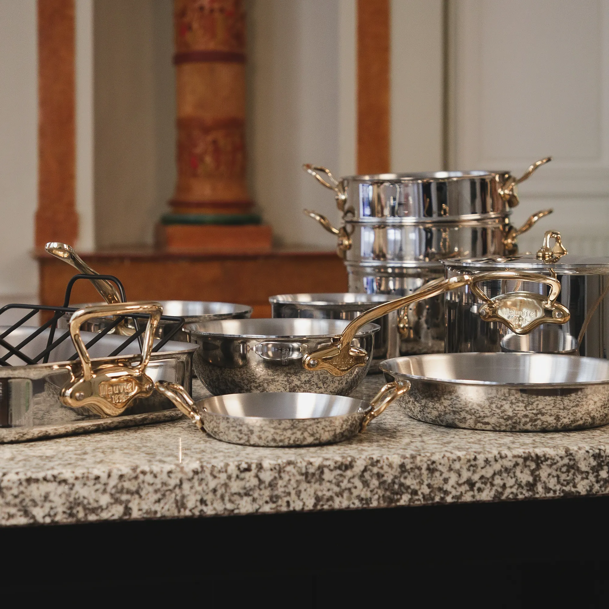 Mauviel M'COOK B Sauce Pan With Lid, Brass Handles, 6.5-Qt