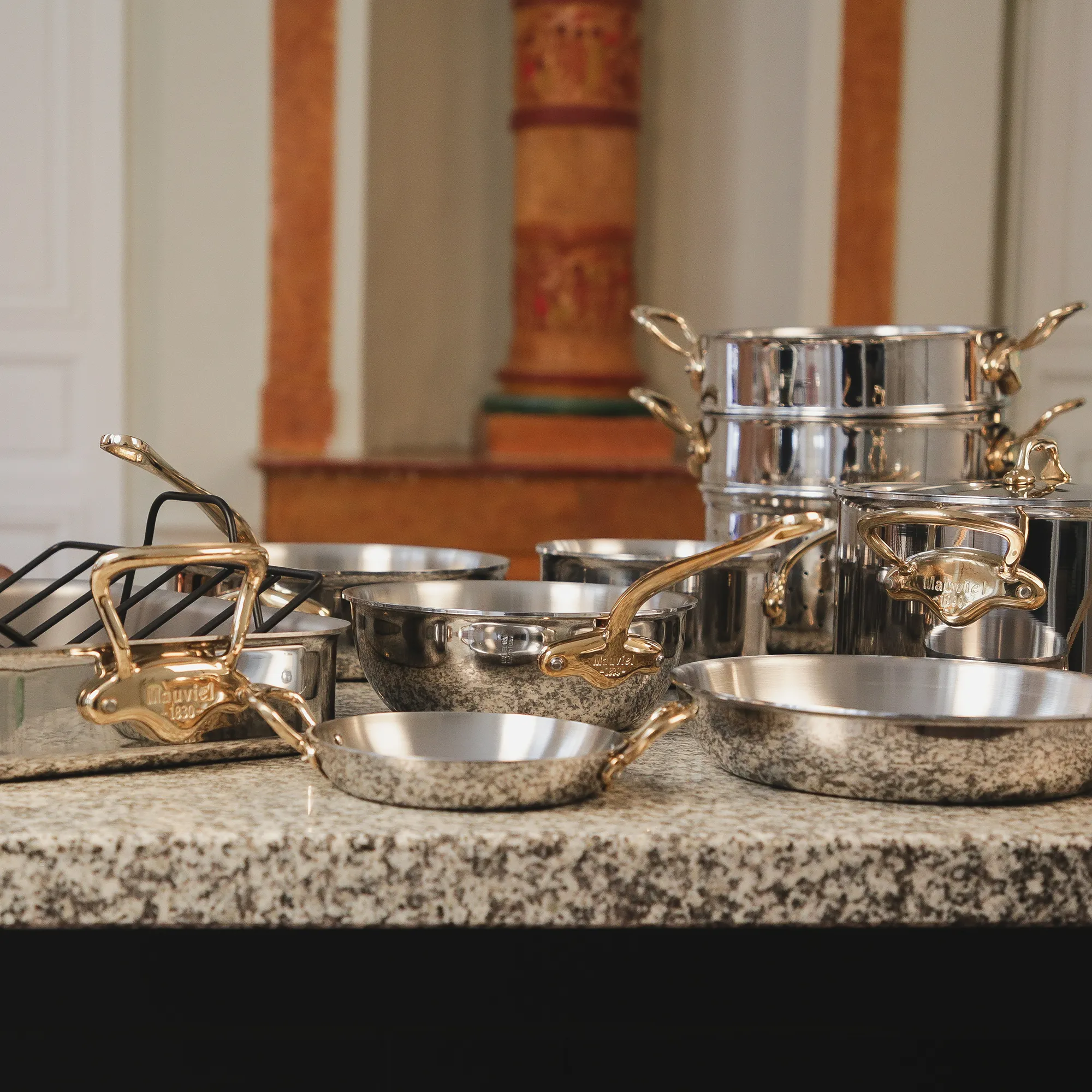Mauviel M'COOK B Sauce Pan With Lid, Brass Handles, 6.5-Qt