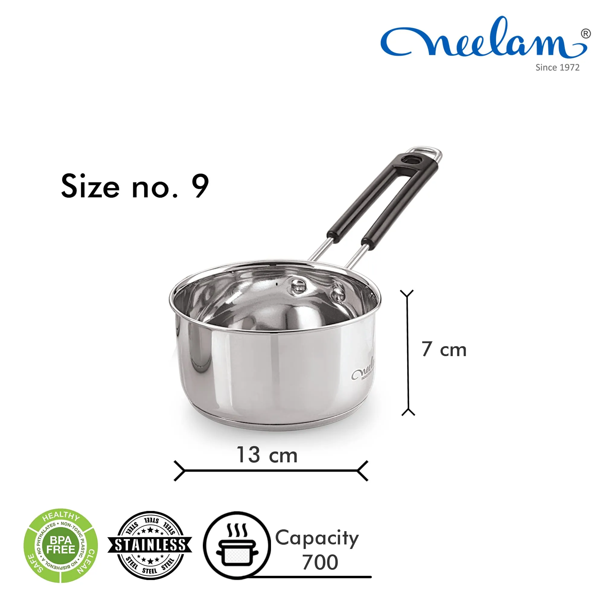 Neelam Stainless Steel 9 22G Regular Sauce Pan Wire Handle, 800 ml, Silver