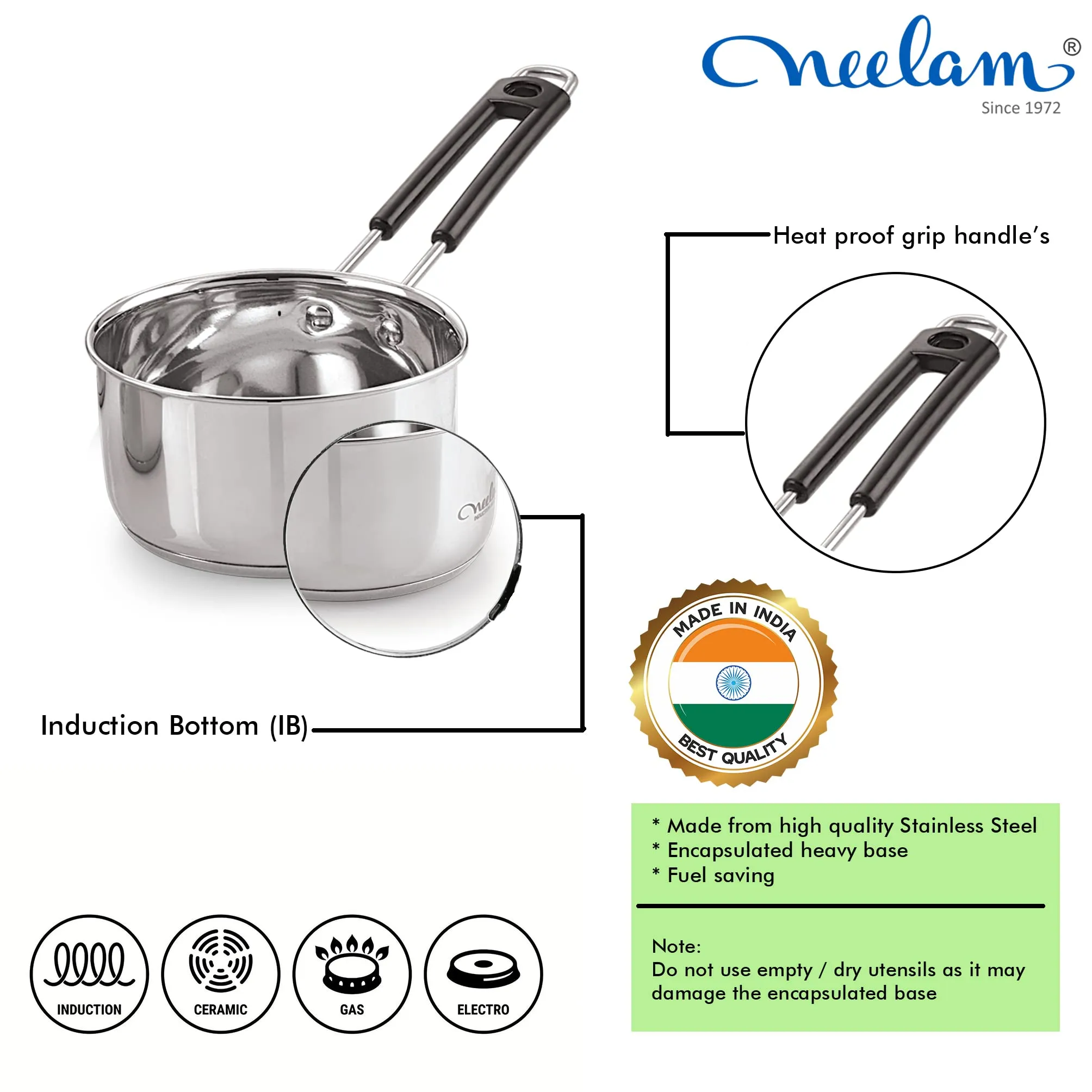 Neelam Stainless Steel 9 22G Regular Sauce Pan Wire Handle, 800 ml, Silver