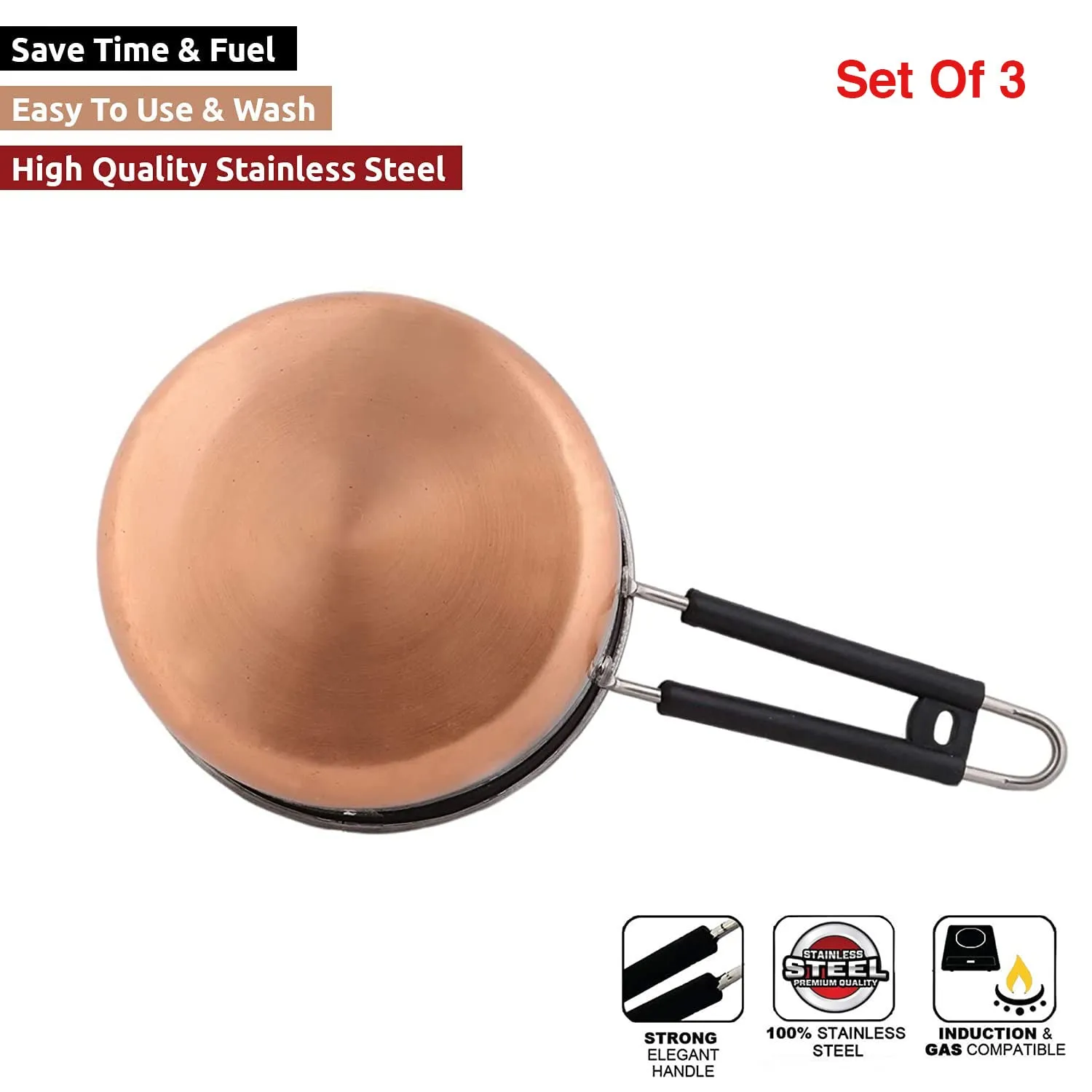 PANCA Sauce Pan Set for Tea, Milk Pan, Copper Sauce Pan Combo Set Gas and Induction Compatible - 1, 1.5 and 2.5 Litre Capacity