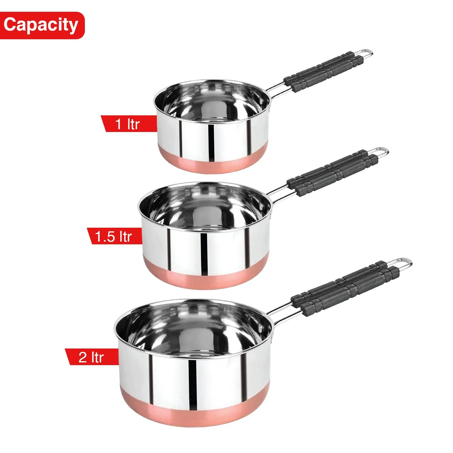 PANCA Sauce Pan Set for Tea, Milk Pan, Copper Sauce Pan Combo Set Gas and Induction Compatible - 1, 1.5 and 2.5 Litre Capacity
