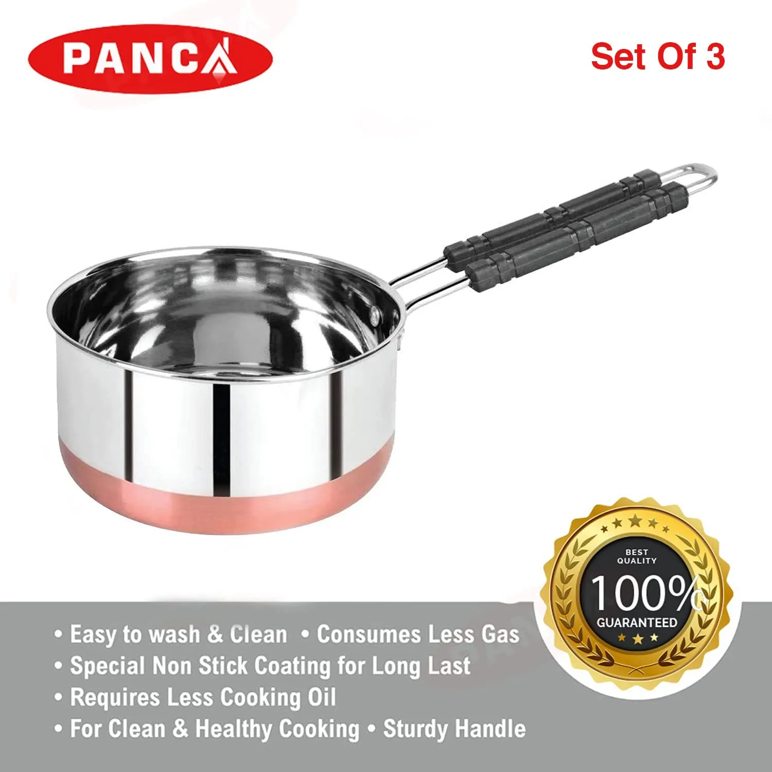 PANCA Sauce Pan Set for Tea, Milk Pan, Copper Sauce Pan Combo Set Gas and Induction Compatible - 1, 1.5 and 2.5 Litre Capacity