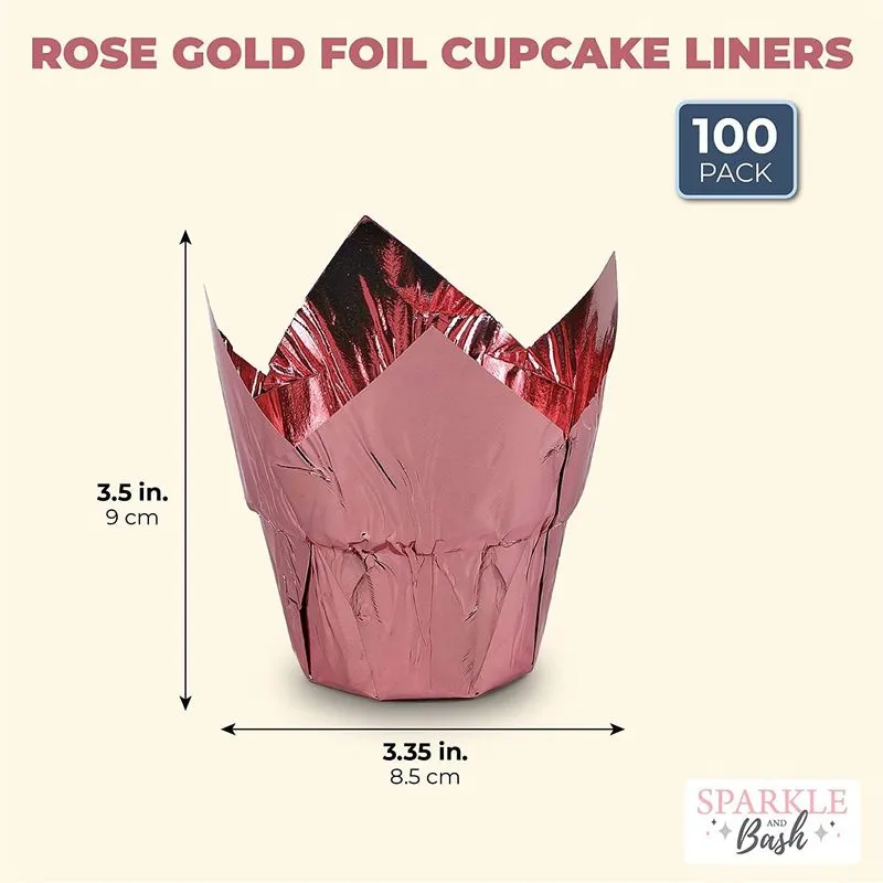 Rose Gold Tulip Cupcake Liners, Foil Muffin Baking Cups (3.35 x 3.5 In, 100 Pack)