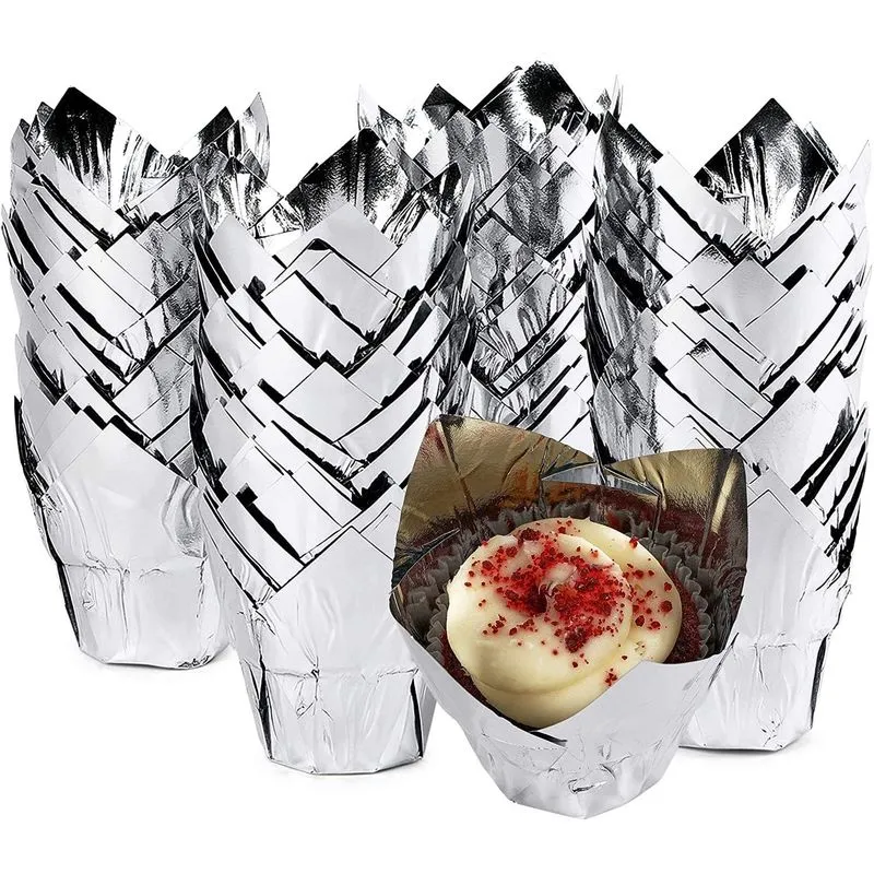 Silver Tulip Cupcake Liners, Foil Muffin Baking Cups (3.35 x 3.5 In, 100 Pack)