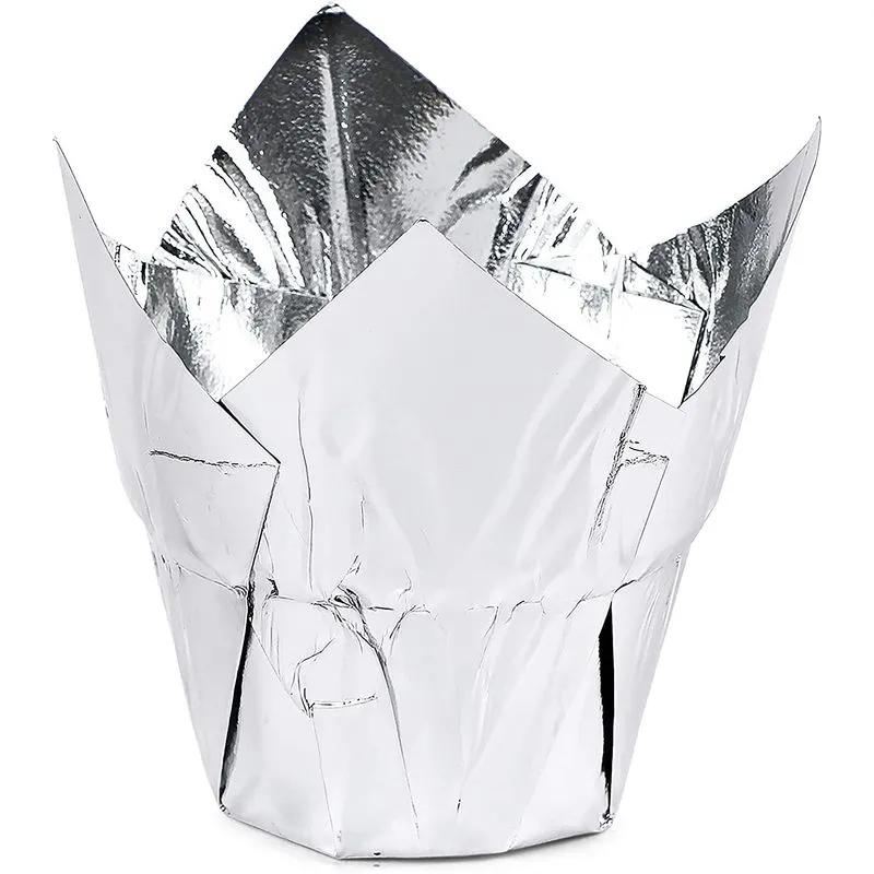 Silver Tulip Cupcake Liners, Foil Muffin Baking Cups (3.35 x 3.5 In, 100 Pack)