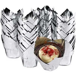 Silver Tulip Cupcake Liners, Foil Muffin Baking Cups (3.35 x 3.5 In, 100 Pack)