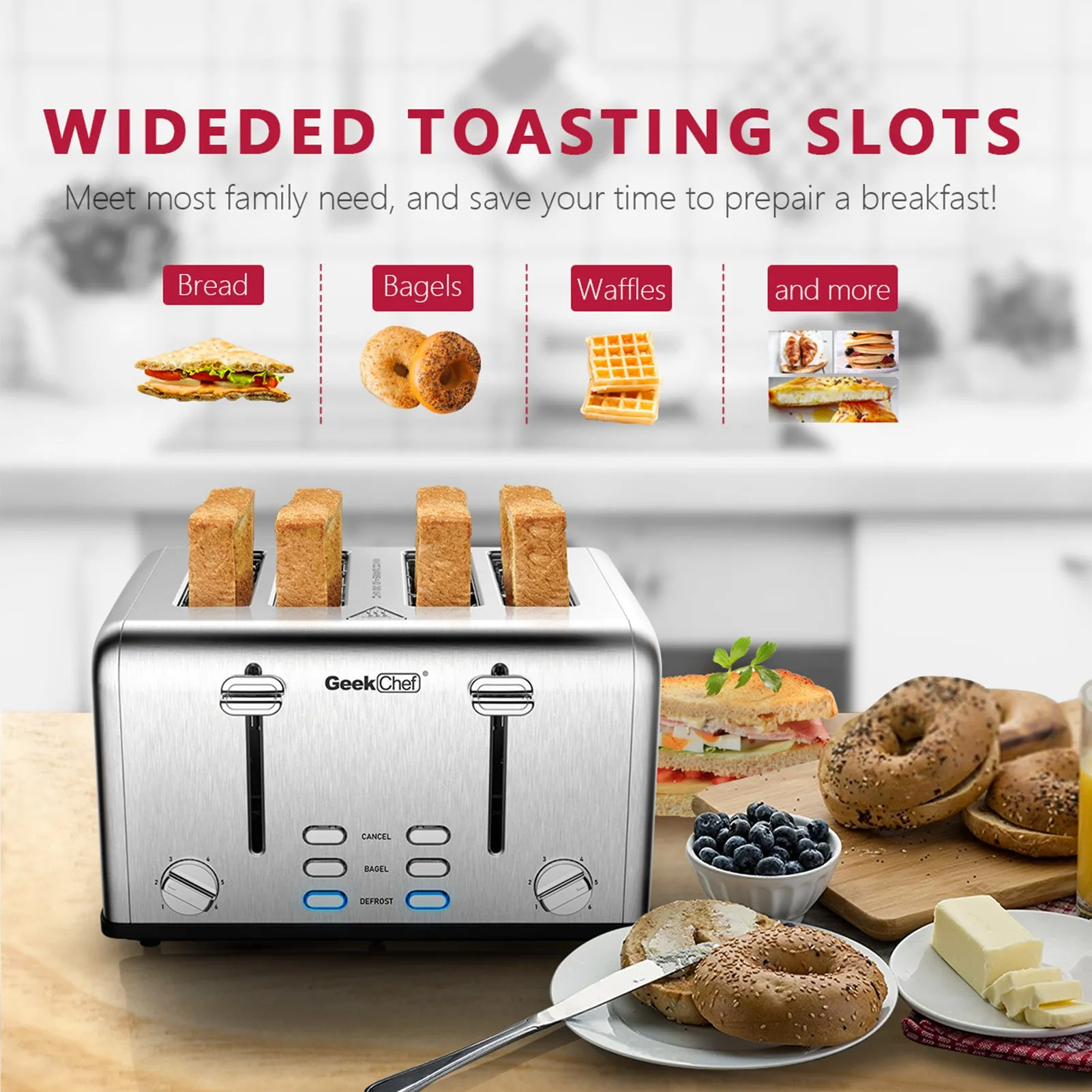 Toaster 4 Slice, Geek Chef Stainless Steel Extra-Wide Slot Toaster