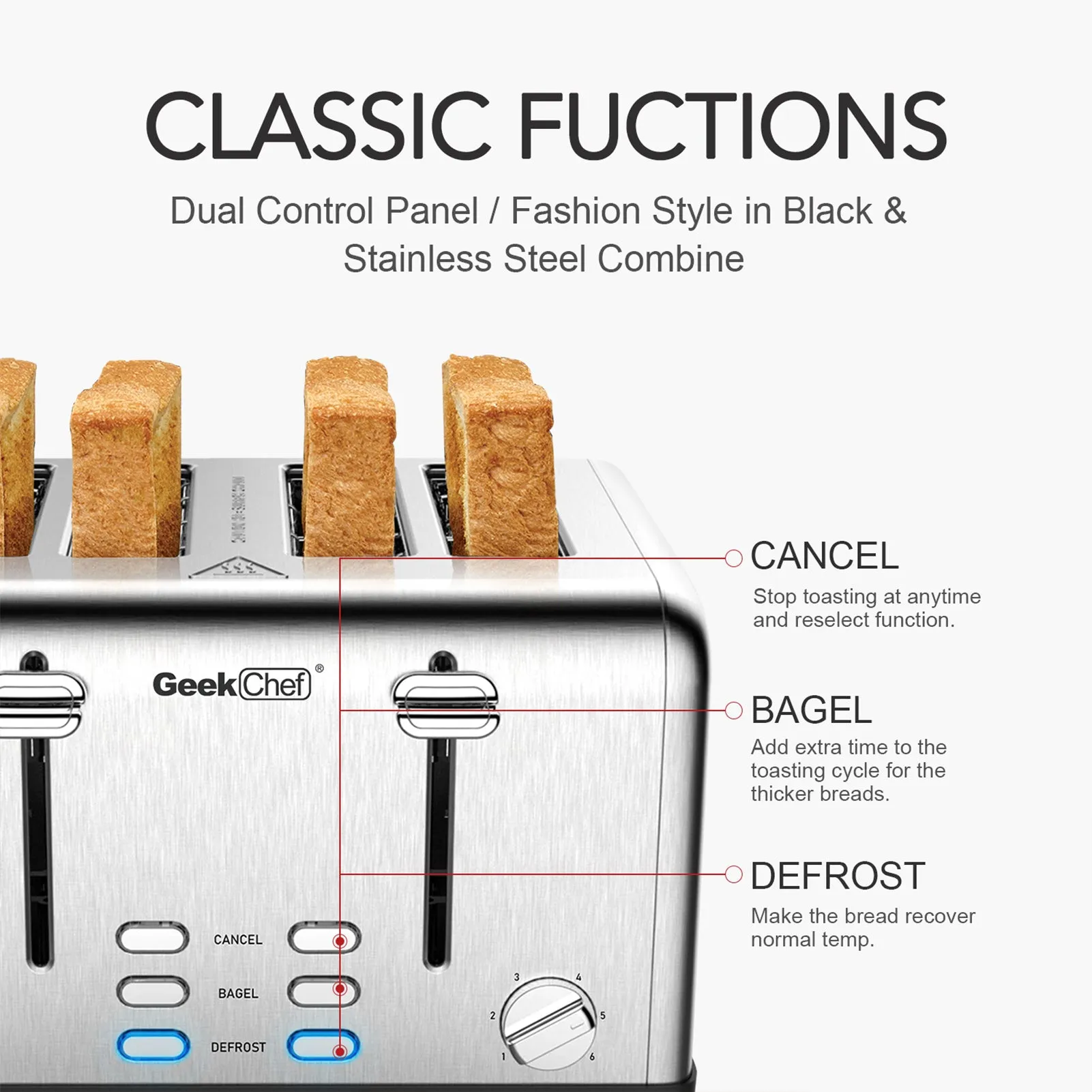 Toaster 4 Slice, Geek Chef Stainless Steel Extra-Wide Slot Toaster