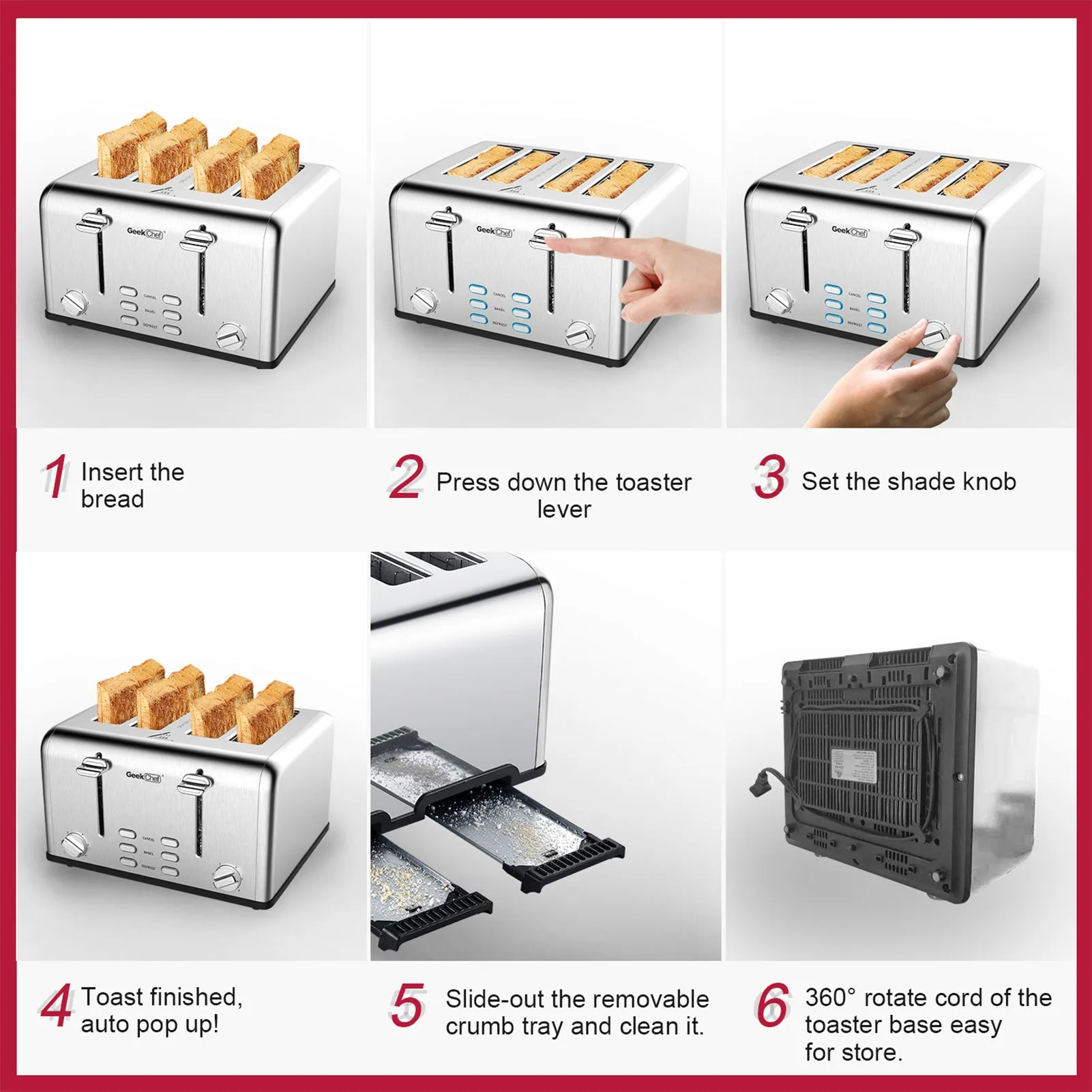 Toaster 4 Slice, Geek Chef Stainless Steel Extra-Wide Slot Toaster