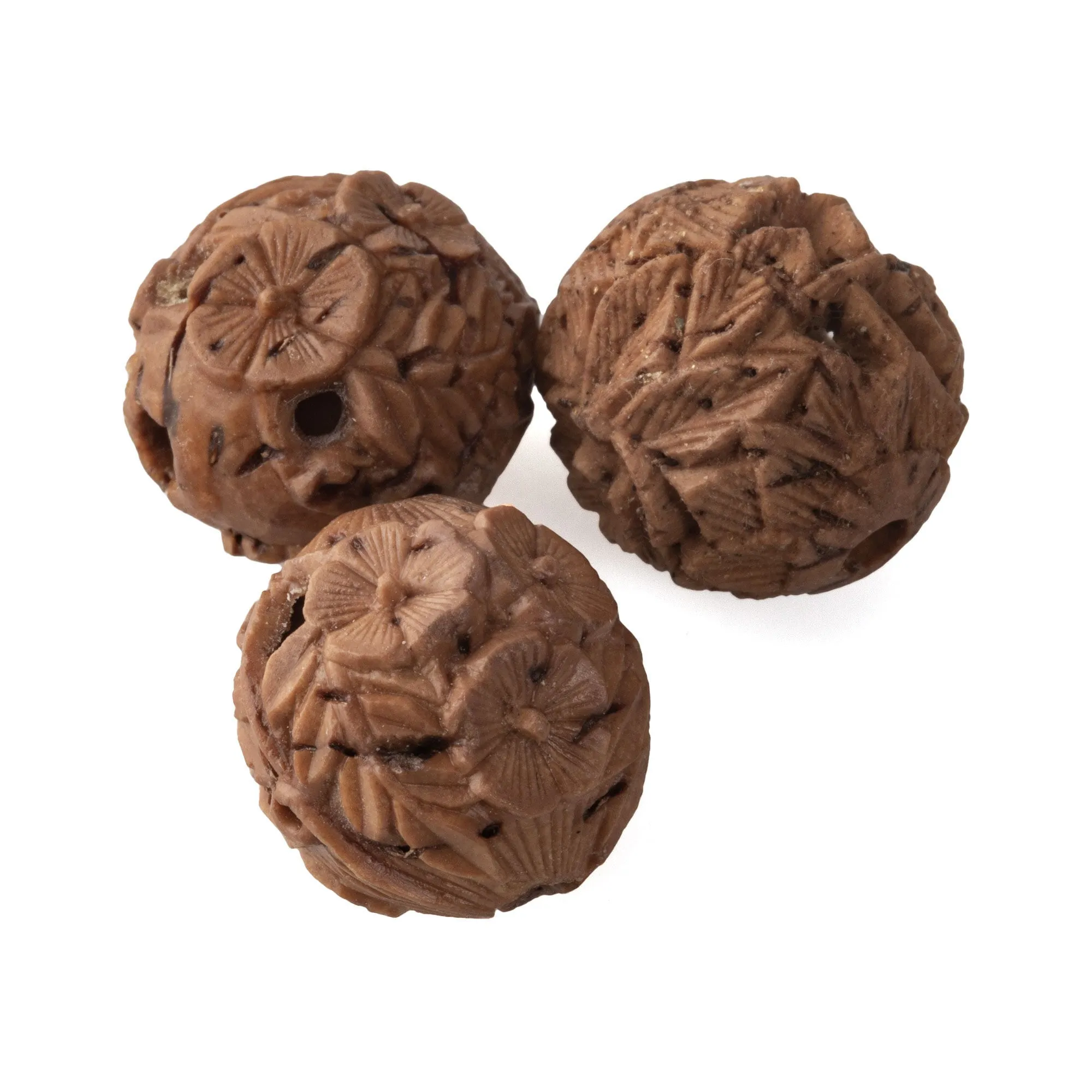 Vintage Chinese carved nut beads. Intricate detail of foliage and hidden creature.  14-15mm. 1 pc. b7-wo348